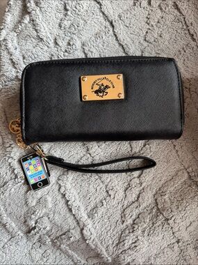 Beverly Hills Polo Club Black Wristlet Wallet with Gold Plate & Phone Charm